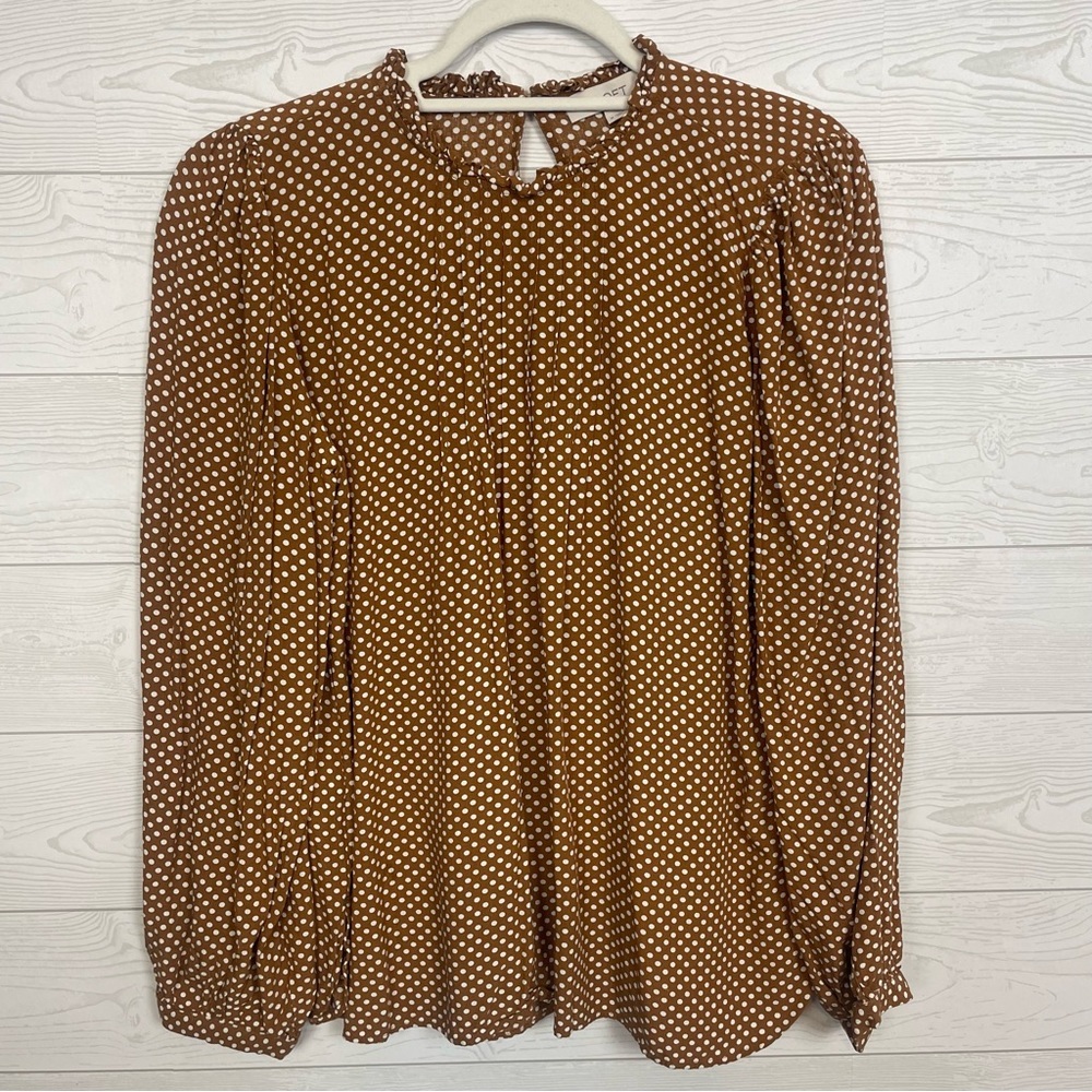 LOFT Dotted Pintucked Blouse Size Medium Brown Vivid Vicuna Career Workwear - Picture 4 of 9
